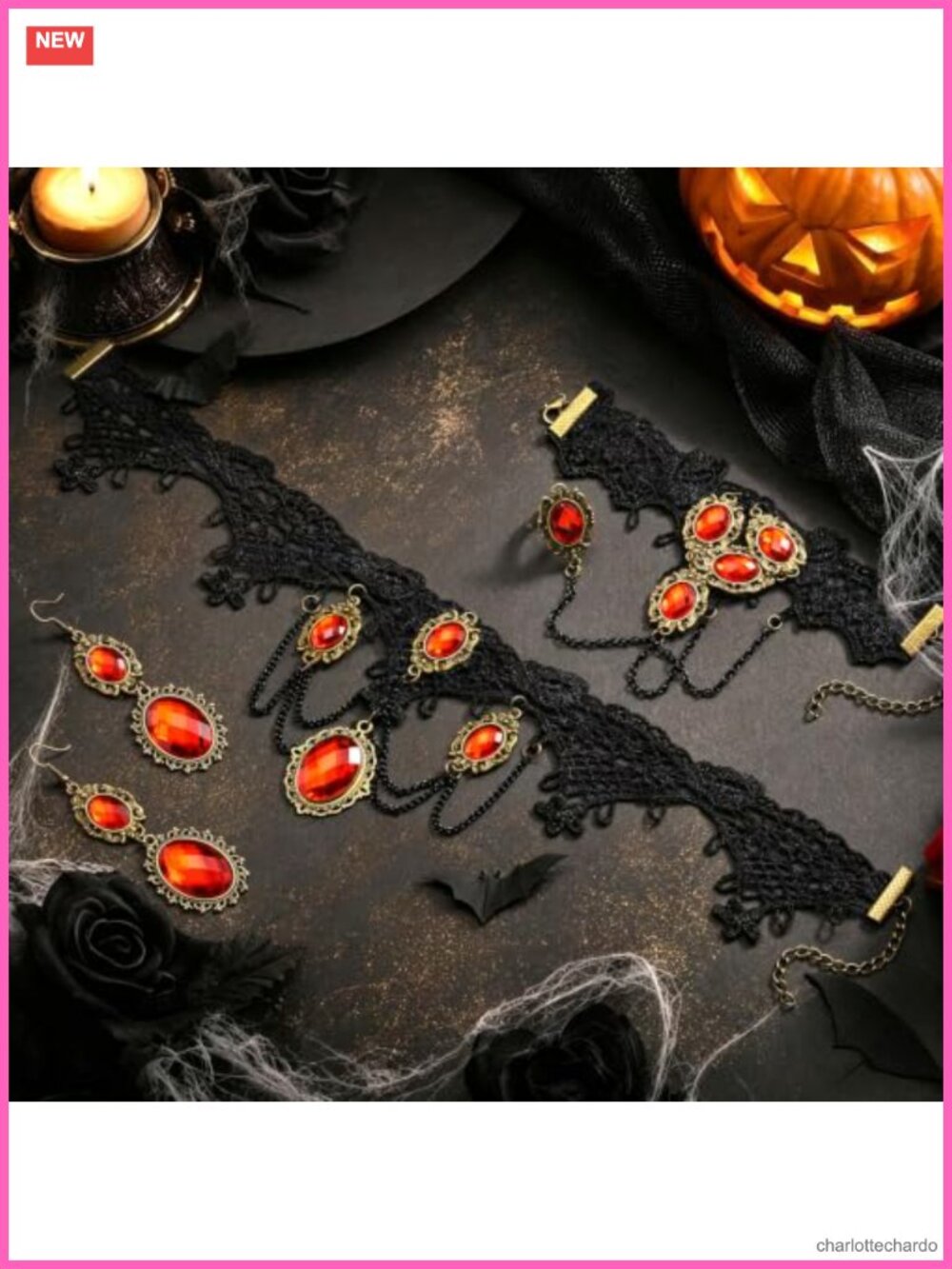 Gothic Lace Choker Necklace Earrings Bracelet Jewelry Set Women - Picture 5 of 5